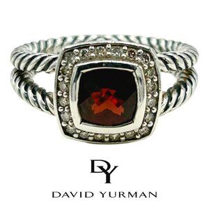 David Yurman Petite Albion Ring Sterling Silver with Garnet and Diamonds, Size 7